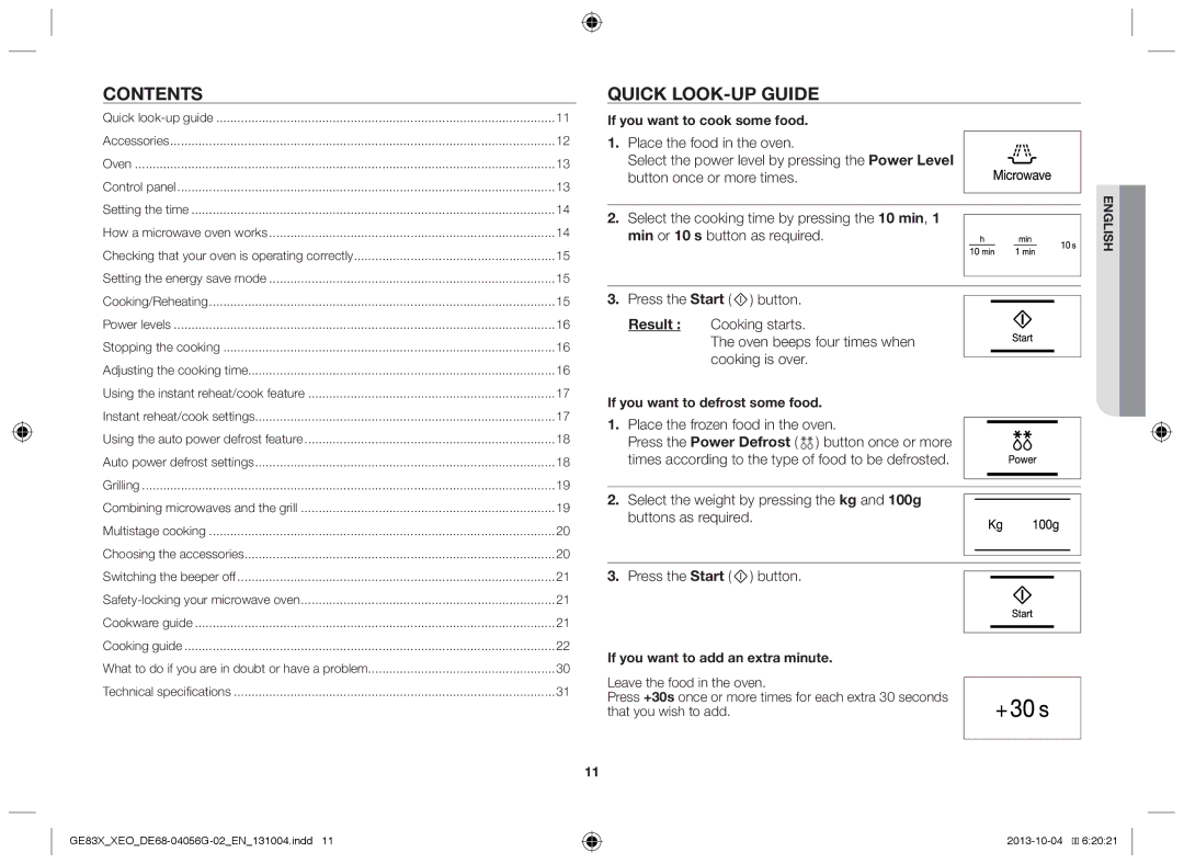 Samsung GE83X/XEO, MW73B/XSG, MW73B/XTC, GE83X/XEG, MW73B/BAL, MW73B/ELE manual Contents, Quick look-up guide 