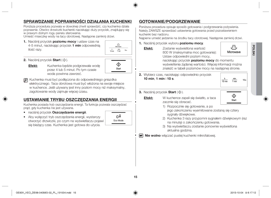 Samsung GE83X/XEG, MW73B/XSG manual Ustawianie trybu oszczędzania energii, Wybierz czas, naciskając odpowiednio przycisk 