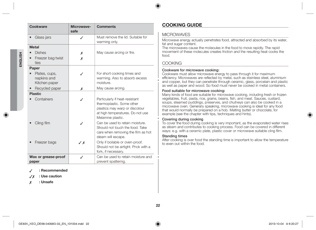 Samsung MW73B/XSG, GE83X/XEO, MW73B/XTC, GE83X/XEG, MW73B/BAL, MW73B/ELE manual Cooking guide, Microwaves 