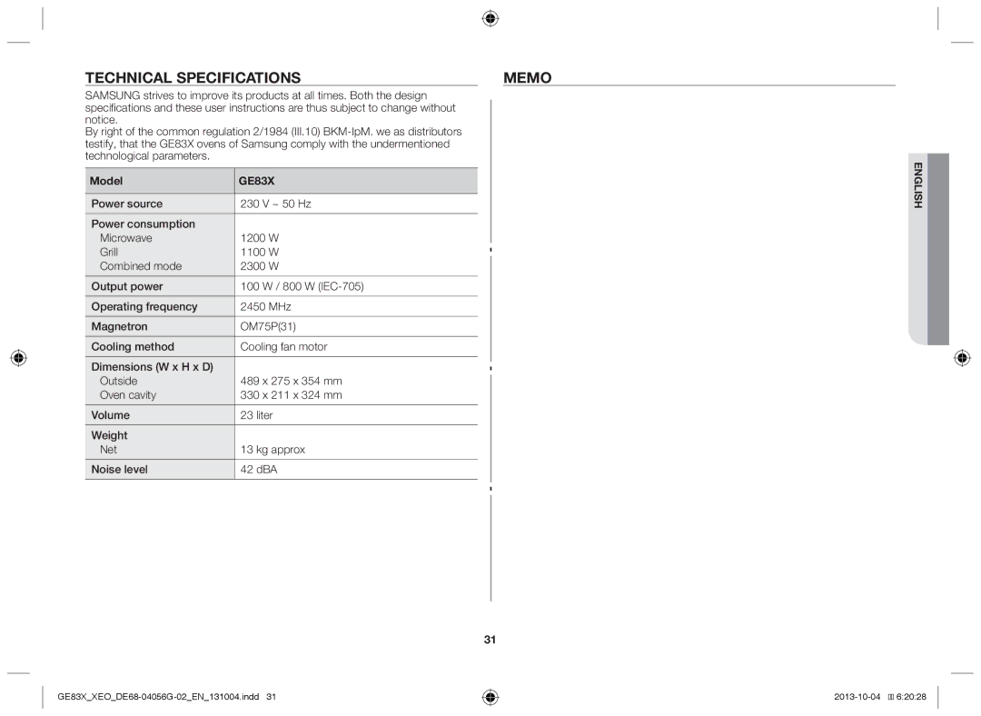 Samsung GE83X/XEG, MW73B/XSG, GE83X/XEO, MW73B/XTC, MW73B/BAL, MW73B/ELE manual Technical specifications, Memo 