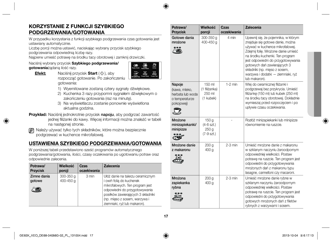 Samsung MW73B/ELE Korzystanie z funkcji szybkiego podgrzewania/gotowania, Ustawienia szybkiego podgrzewania/gotowania 