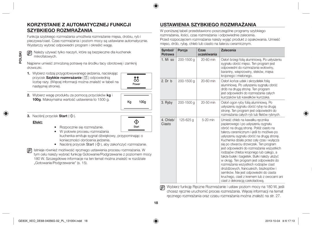 Samsung MW73B/XSG manual Korzystanie z automatycznej funkcji szybkiego rozmrażania, Ustawienia szybkiego rozmrażania, Efekt 