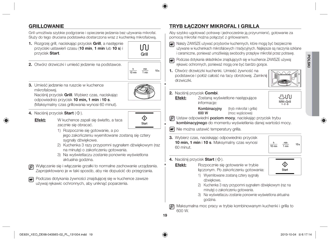 Samsung GE83X/XEO, MW73B/XSG, MW73B/XTC, GE83X/XEG, MW73B/BAL, MW73B/ELE manual Grillowanie, Tryb łączony mikrofal i grilla 