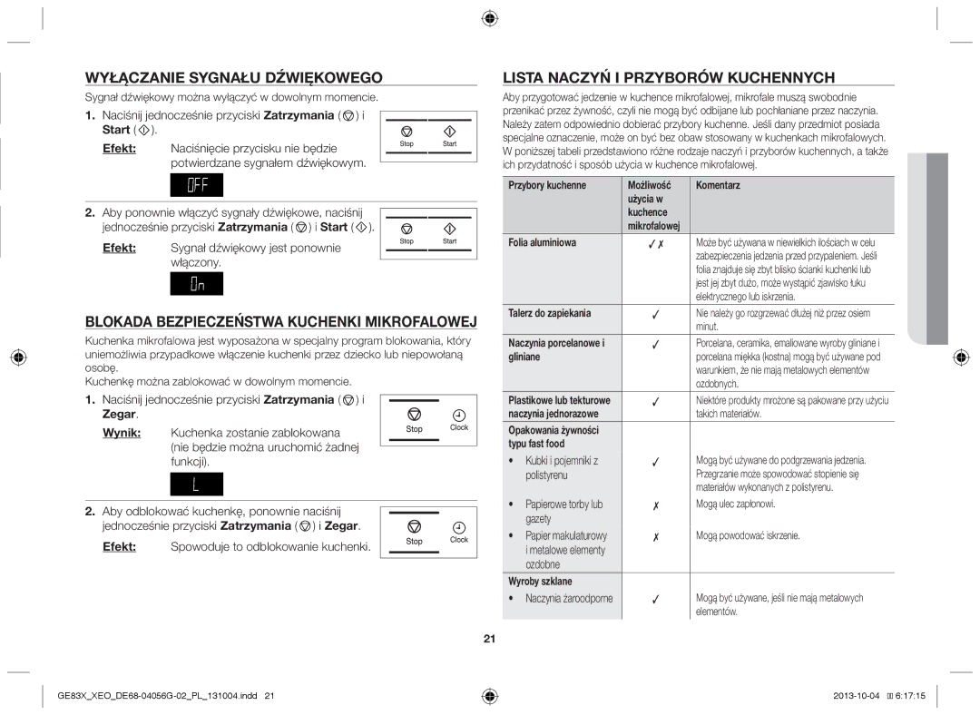 Samsung GE83X/XEG, MW73B/XSG, GE83X/XEO Wyłączanie sygnału dźwiękowego, Blokada bezpieczeństwa kuchenki mikrofalowej, Start 