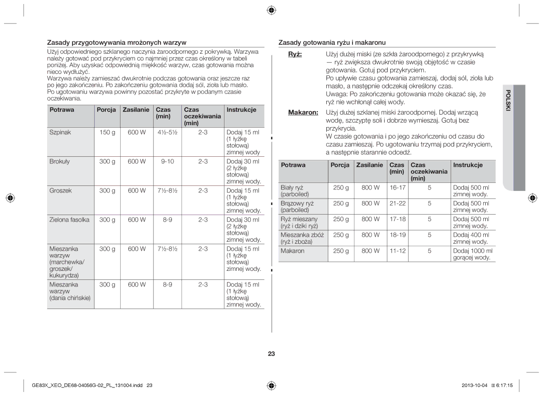 Samsung MW73B/ELE, MW73B/XSG manual Zasady przygotowywania mrożonych warzyw, Potrawa Porcja Zasilanie Czas Instrukcje Min 