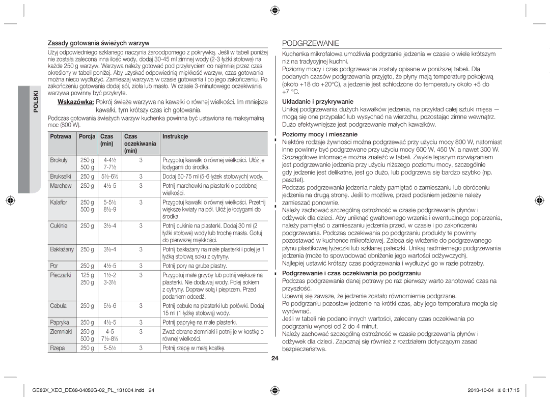 Samsung MW73B/XSG, GE83X/XEO, MW73B/XTC, GE83X/XEG manual Podgrzewanie, Zasady gotowania świeżych warzyw, Czas Instrukcje Min 