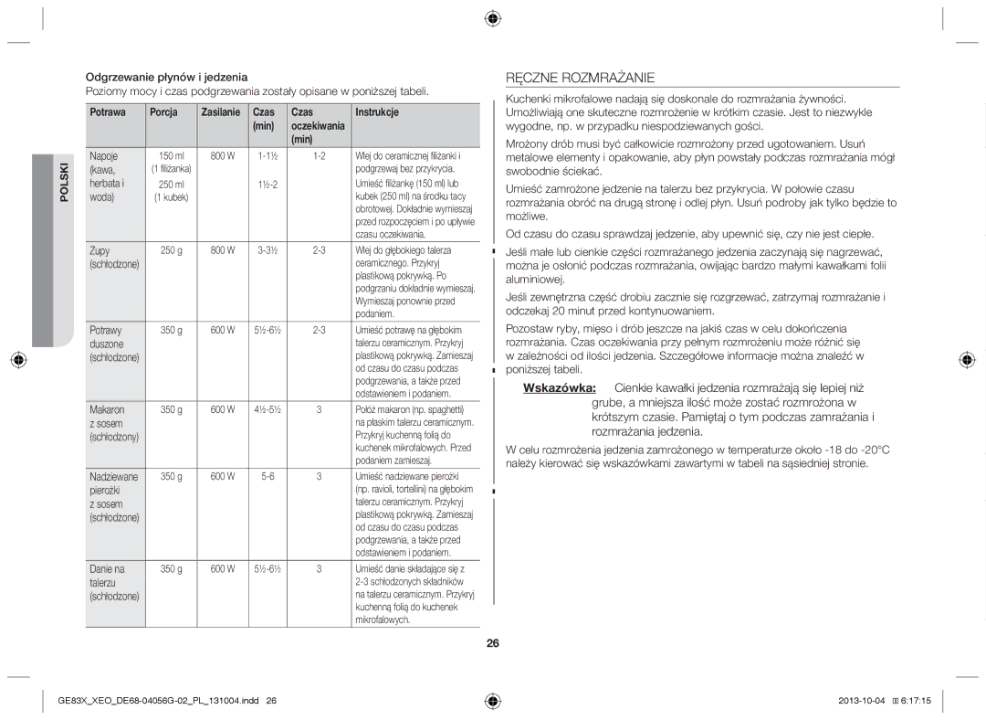 Samsung MW73B/XTC, MW73B/XSG, GE83X/XEO, GE83X/XEG, MW73B/BAL, MW73B/ELE manual Ręczne Rozmrażanie, Potrawa Porcja 