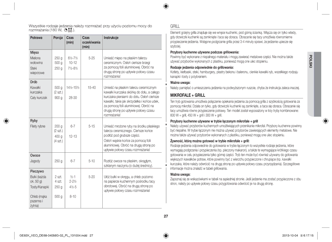 Samsung GE83X/XEG manual Grill, Przybory kuchenne używane podczas grillowania, Rodzaje jedzenia odpowiednie do grillowania 