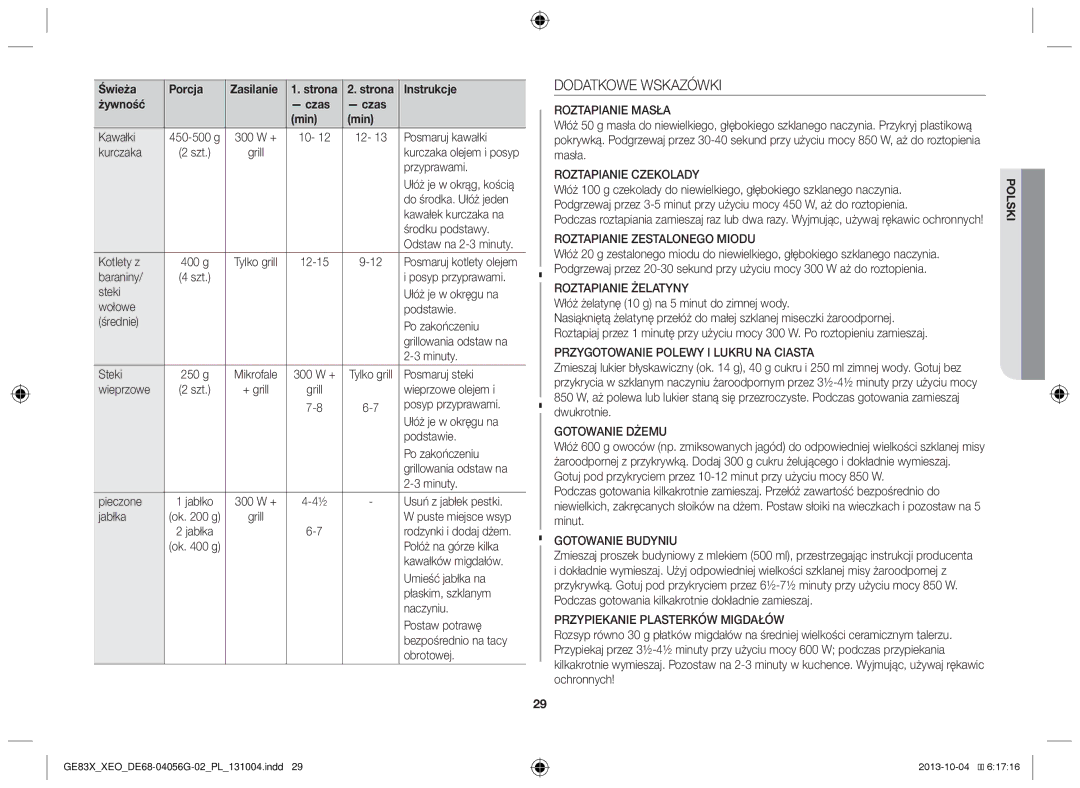 Samsung MW73B/ELE, MW73B/XSG, GE83X/XEO, MW73B/XTC, GE83X/XEG, MW73B/BAL manual Dodatkowe Wskazówki 