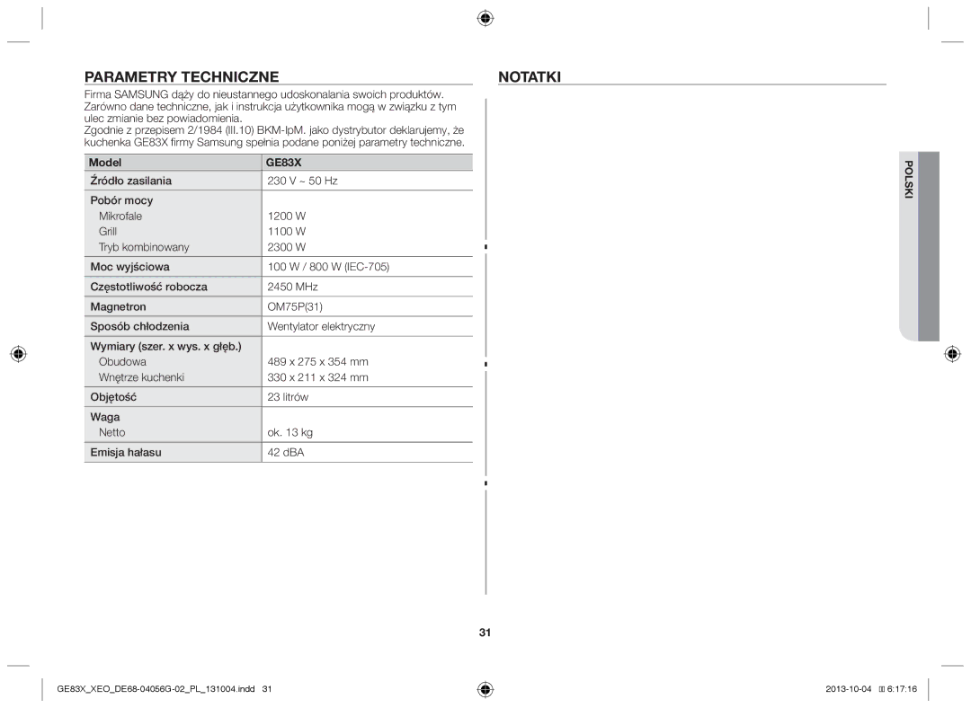 Samsung GE83X/XEO, MW73B/XSG, MW73B/XTC, GE83X/XEG, MW73B/BAL, MW73B/ELE manual Parametry techniczne, Model 