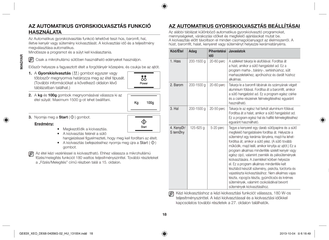 Samsung MW73B/XTC Az automatikus gyorskiolvasztás funkció használata, Az automatikus gyorskiolvasztás beállításai, Idő 