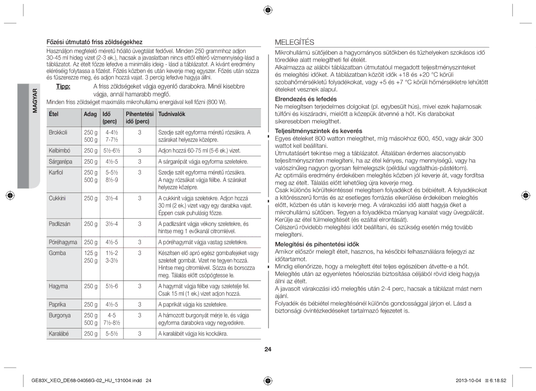 Samsung MW73B/XTC, MW73B/XSG, GE83X/XEO manual Melegítés, Főzési útmutató friss zöldségekhez, Étel Adag Idő, Perc Idő perc 