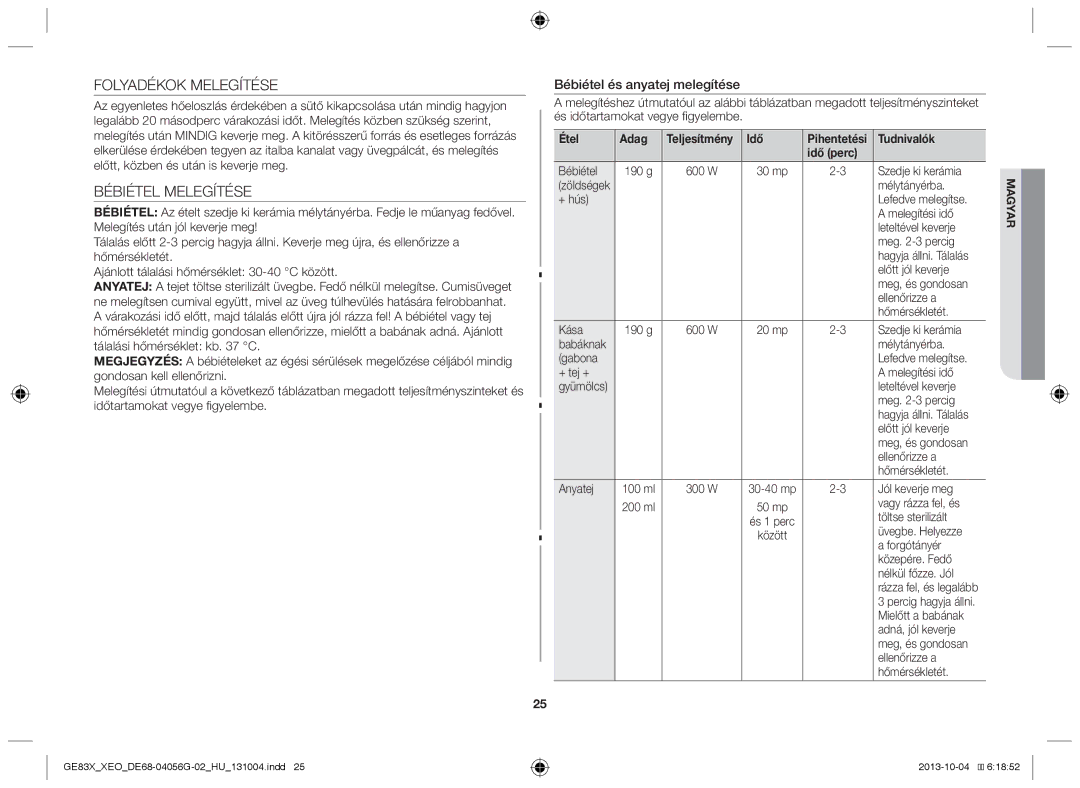 Samsung GE83X/XEG, MW73B/XSG manual Folyadékok Melegítése, Bébiétel Melegítése, Bébiétel és anyatej melegítése, Étel Adag 