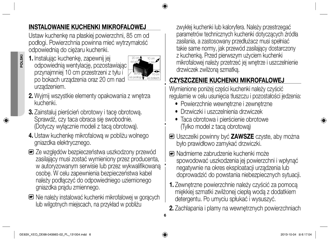 Samsung MW73B/XSG, GE83X/XEO, MW73B/XTC, GE83X/XEG, MW73B/BAL, MW73B/ELE manual Instalowanie kuchenki mikrofalowej 