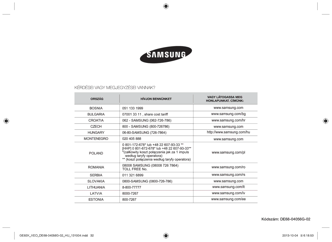 Samsung MW73B/BAL, MW73B/XSG, GE83X/XEO, MW73B/XTC, GE83X/XEG, MW73B/ELE manual Kódszám DE68-04056G-02 