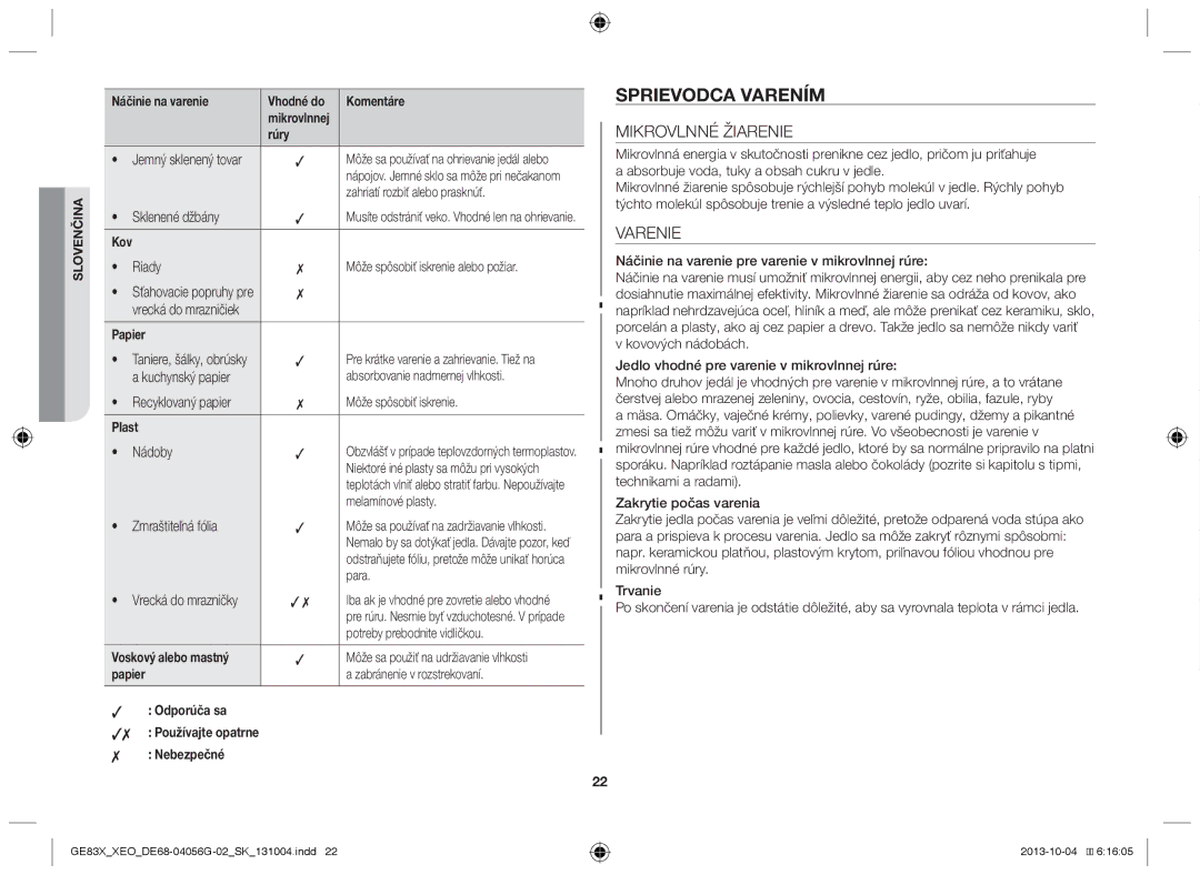 Samsung MW73B/XTC, MW73B/XSG, GE83X/XEO, GE83X/XEG, MW73B/BAL, MW73B/ELE manual Sprievodca varením, Mikrovlnné Žiarenie, Varenie 