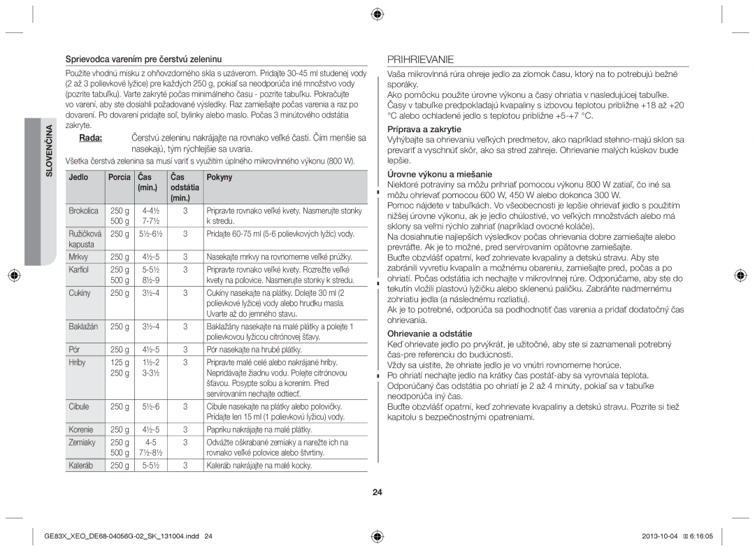 Samsung MW73B/BAL, MW73B/XSG, GE83X/XEO, MW73B/XTC Prihrievanie, Sprievodca varením pre čerstvú zeleninu, Čas Pokyny Min 