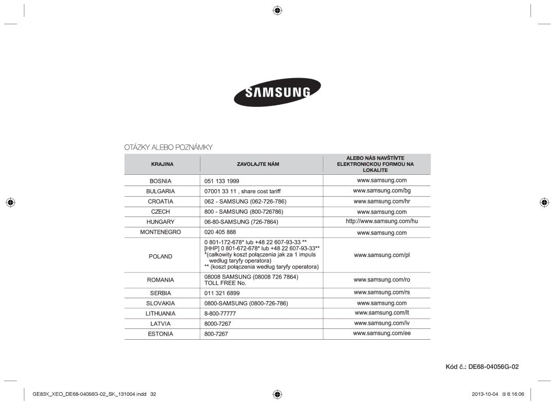 Samsung MW73B/XSG, GE83X/XEO, MW73B/XTC, GE83X/XEG, MW73B/BAL, MW73B/ELE manual Kód č. DE68-04056G-02 