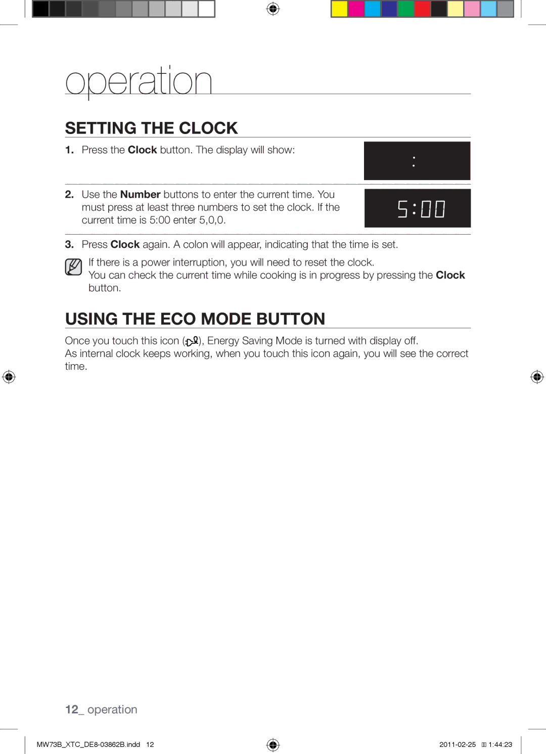 Samsung MW73B/XSG, MW73B/XTC manual Operation, Setting the clock, Using the Eco Mode button 