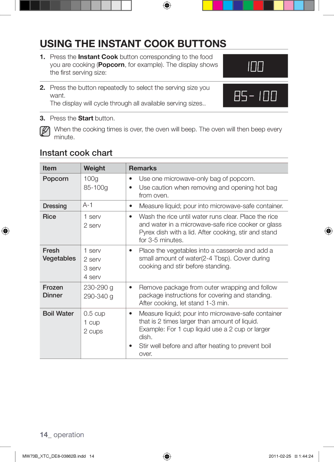 Samsung MW73B/XSG, MW73B/XTC manual Using the instant cook buttons, Instant cook chart, Weight Remarks 