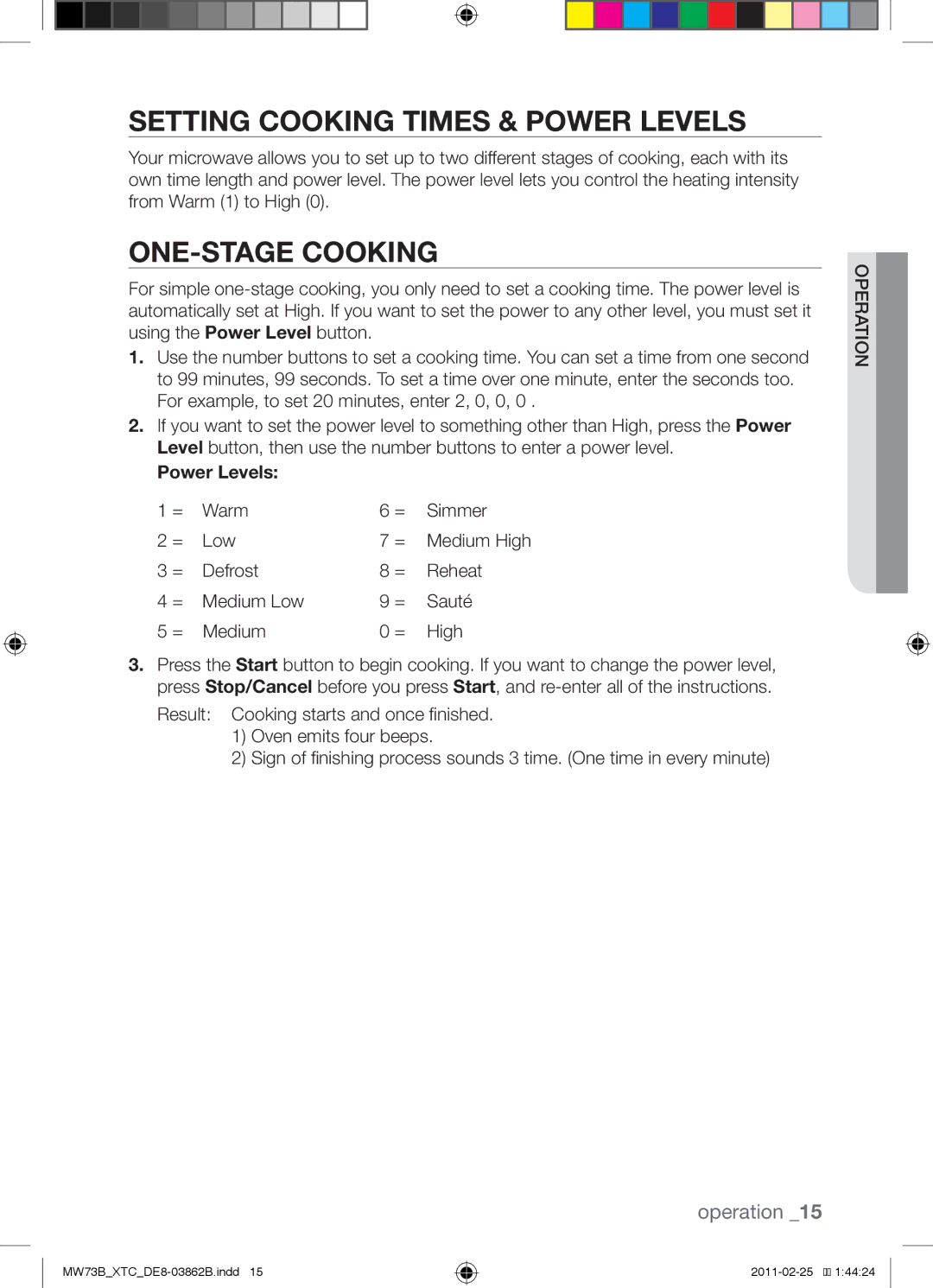 Samsung MW73B/XTC, MW73B/XSG manual Setting cooking times & power levels, One-stage cooking, Power Levels 