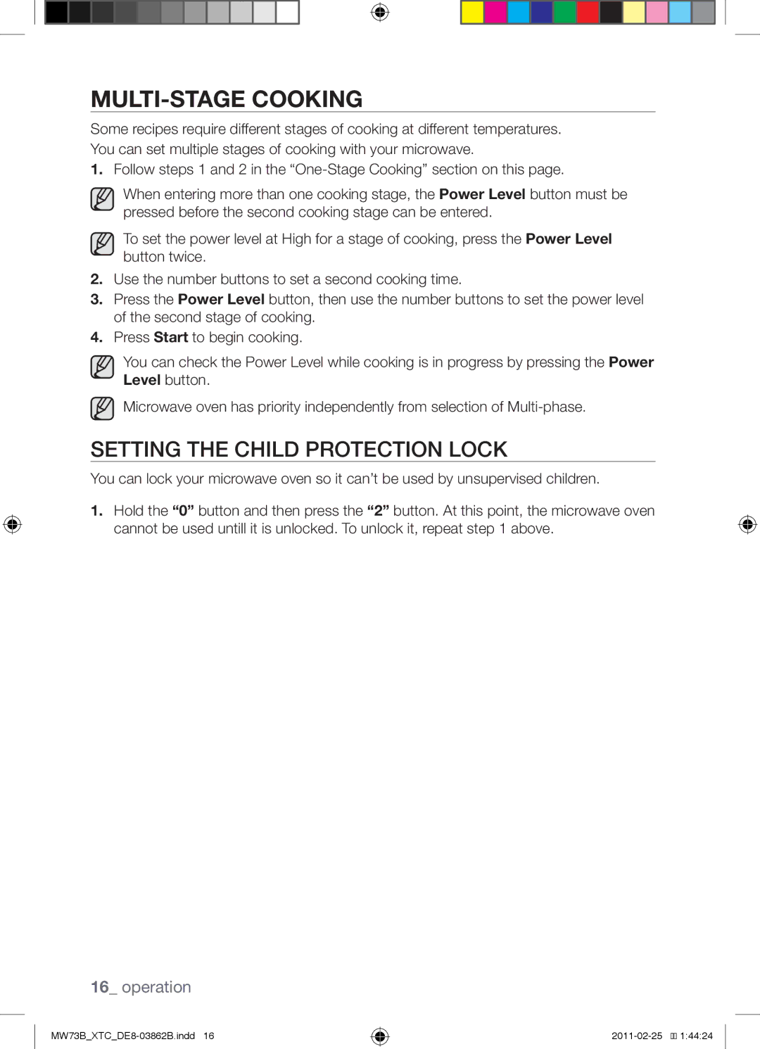 Samsung MW73B/XSG, MW73B/XTC manual Multi-stage cooking, Setting the child protection lock 