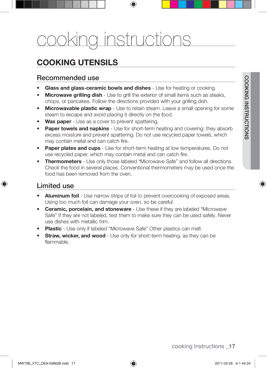 Samsung MW73B/XTC, MW73B/XSG manual Cooking instructions, Cooking utensils, Recommended use, Limited use 