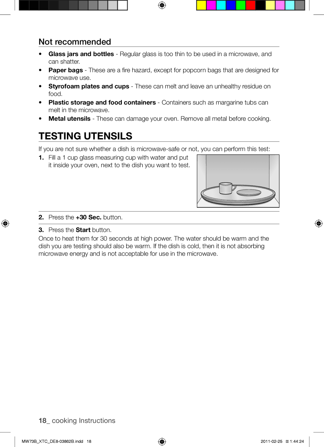 Samsung MW73B/XSG, MW73B/XTC manual Testing utensils, Not recommended 