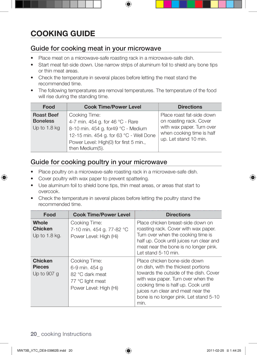 Samsung MW73B/XSG Cooking guide, Guide for cooking meat in your microwave, Guide for cooking poultry in your microwave 