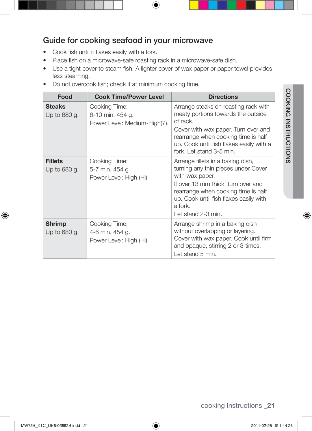 Samsung MW73B/XTC manual Guide for cooking seafood in your microwave, Food Cook Time/Power Level Directions Steaks, Fillets 