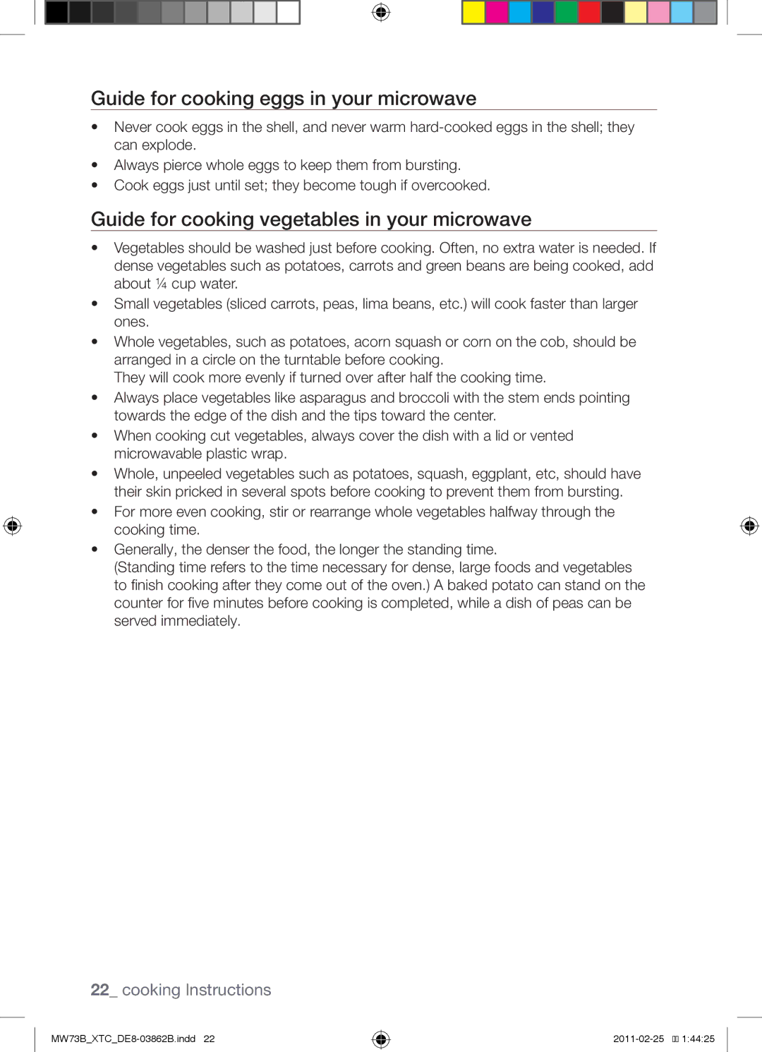 Samsung MW73B/XSG, MW73B/XTC manual Guide for cooking eggs in your microwave, Guide for cooking vegetables in your microwave 