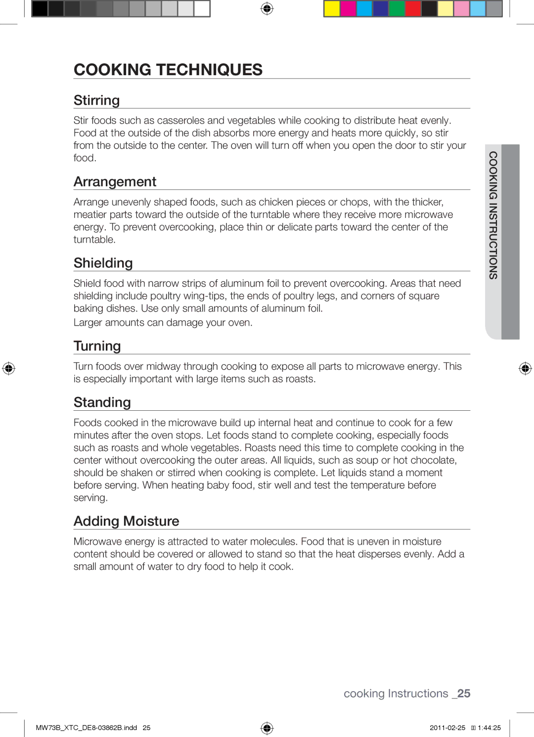 Samsung MW73B/XTC, MW73B/XSG manual Cooking techniques 