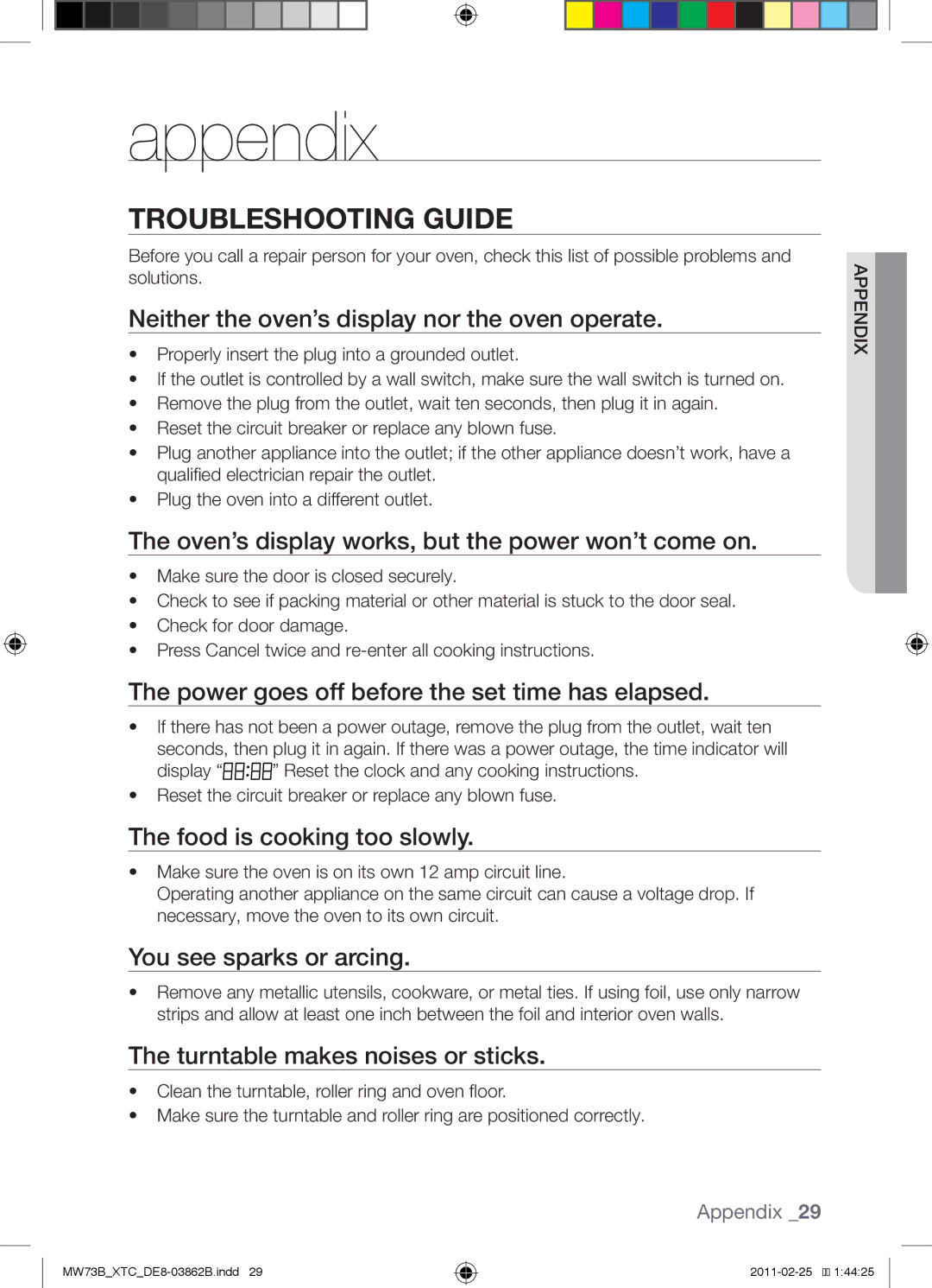 Samsung MW73B/XTC, MW73B/XSG manual Appendix, Troubleshooting guide 