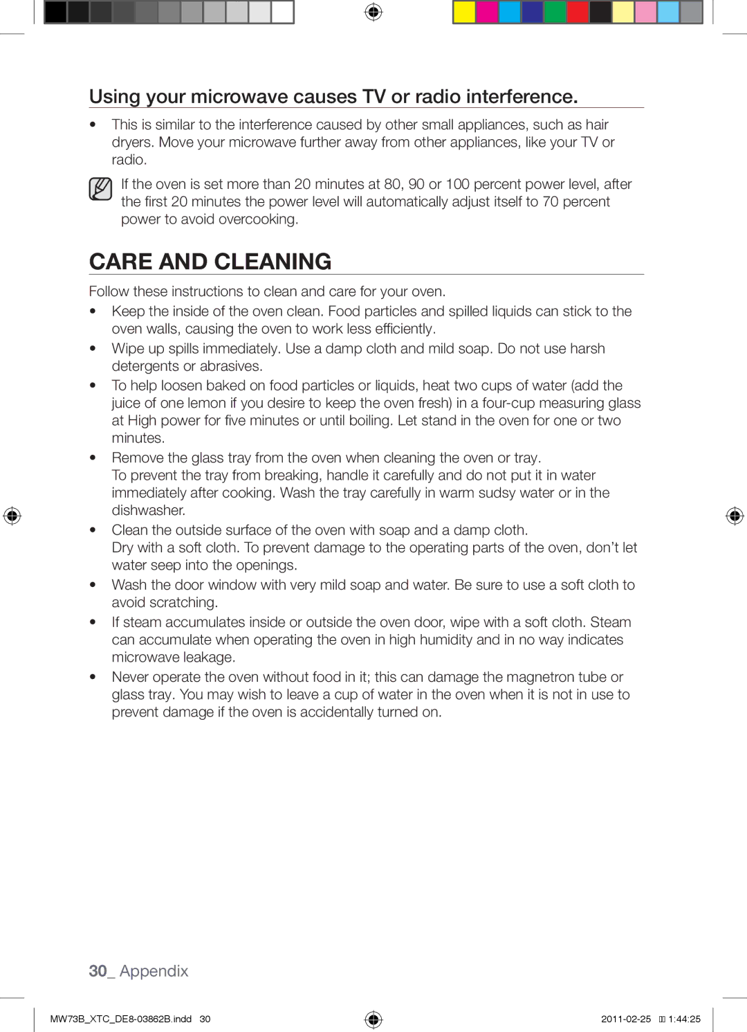 Samsung MW73B/XSG, MW73B/XTC manual Care and cleaning, Using your microwave causes TV or radio interference 