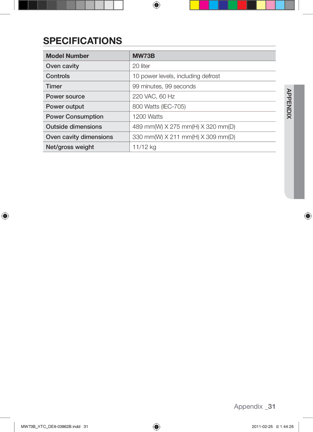 Samsung MW73B/XTC, MW73B/XSG manual Specifications, Model Number 