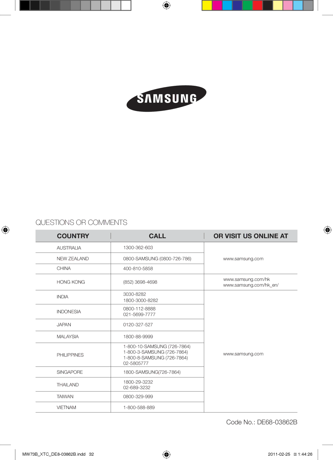 Samsung MW73B/XSG, MW73B/XTC manual Questions or Comments 