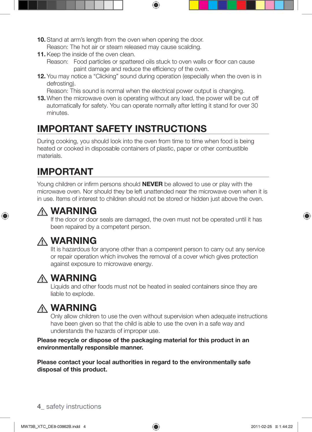 Samsung MW73B/XSG, MW73B/XTC manual Important Safety Instructions 