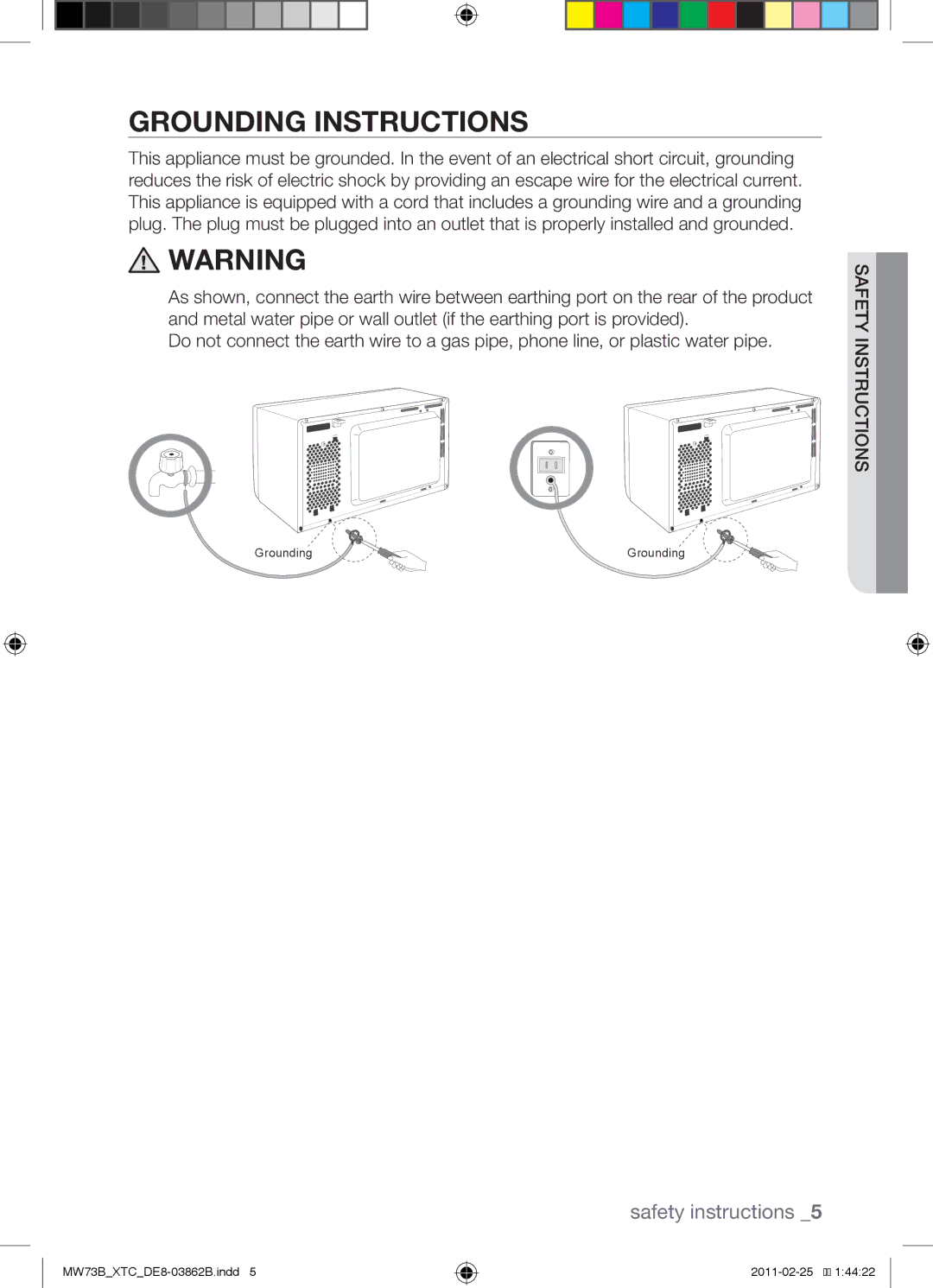 Samsung MW73B/XTC, MW73B/XSG manual Grounding Instructions 