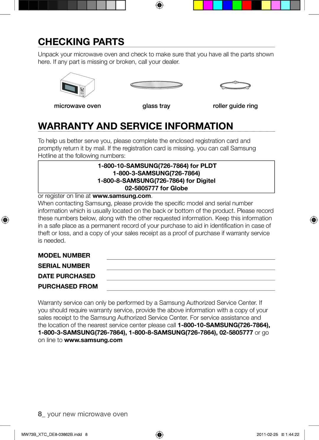 Samsung MW73B/XSG, MW73B/XTC manual Checking parts, Warranty and service information 