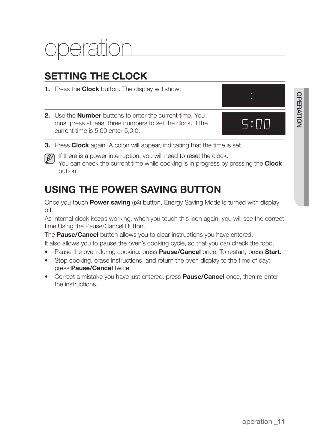 Samsung MW73B/ZAM manual Operation, Setting the clock, Using the power saving button 