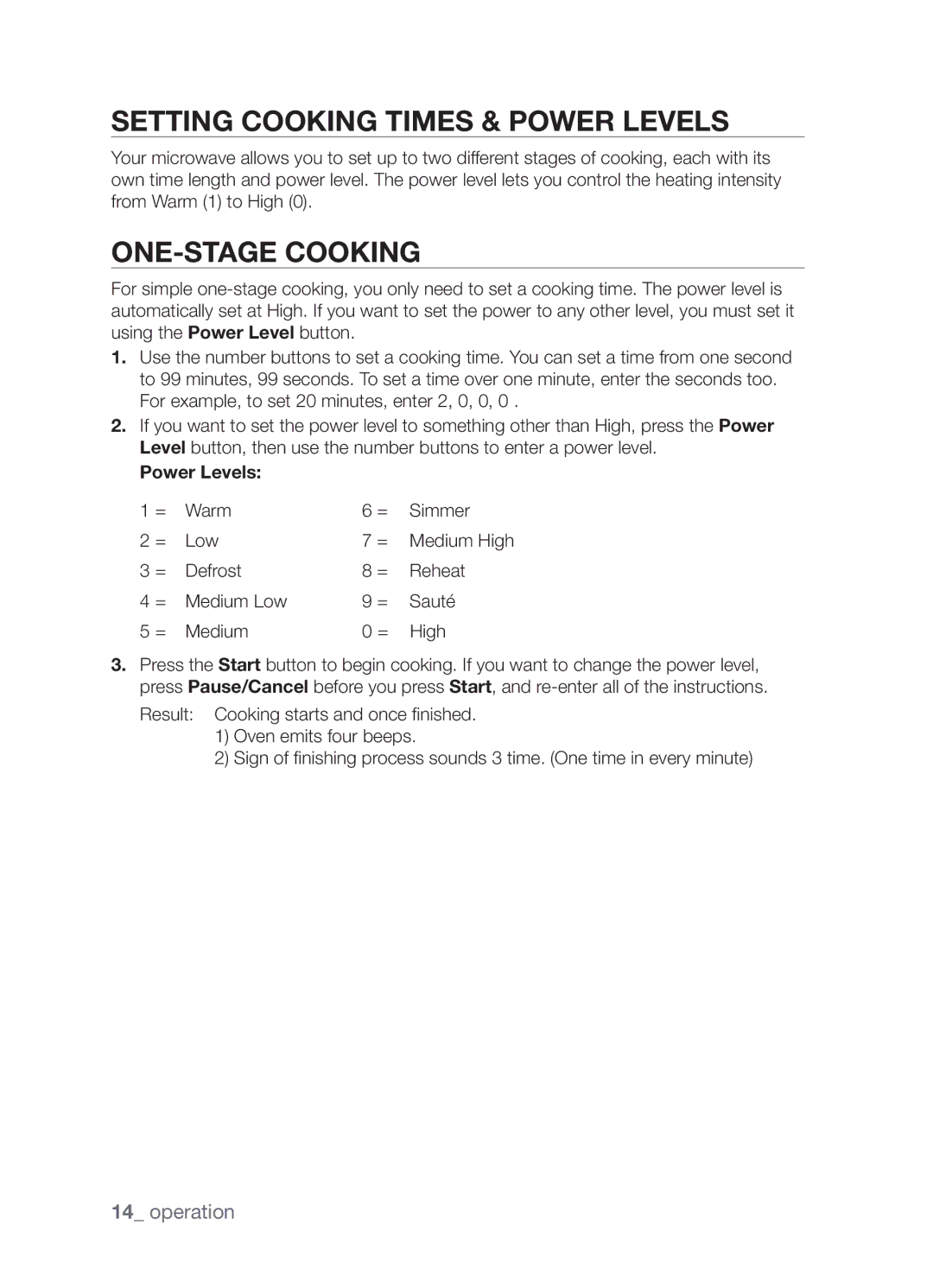 Samsung MW73B/ZAM manual Setting cooking times & power levels, One-stage cooking, Power Levels 