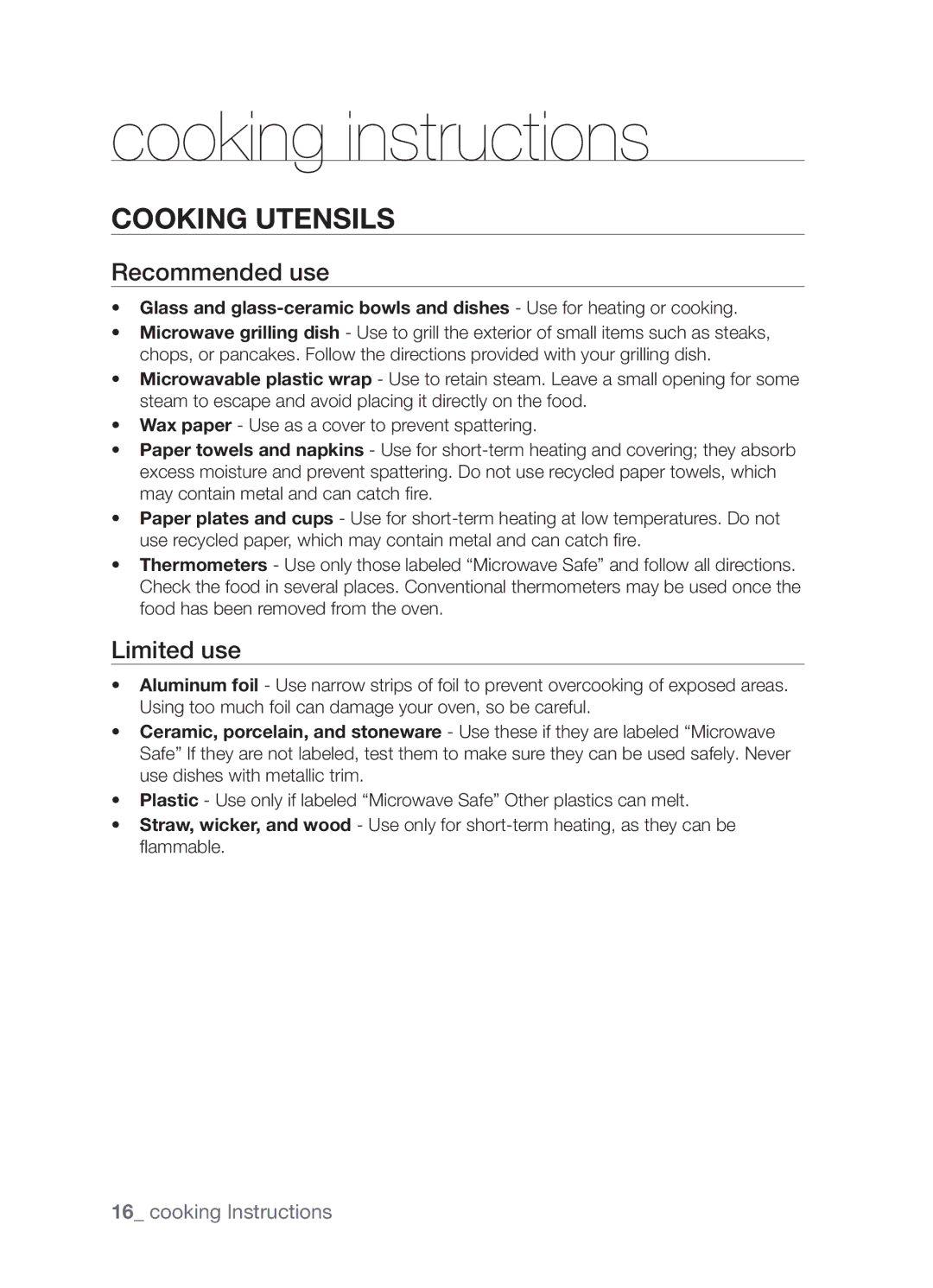 Samsung MW73B/ZAM manual Cooking instructions, Cooking utensils, Recommended use, Limited use 