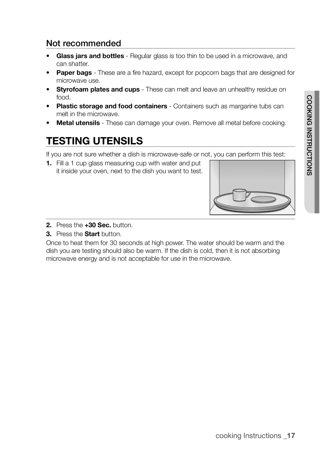 Samsung MW73B/ZAM manual Testing utensils, Not recommended 