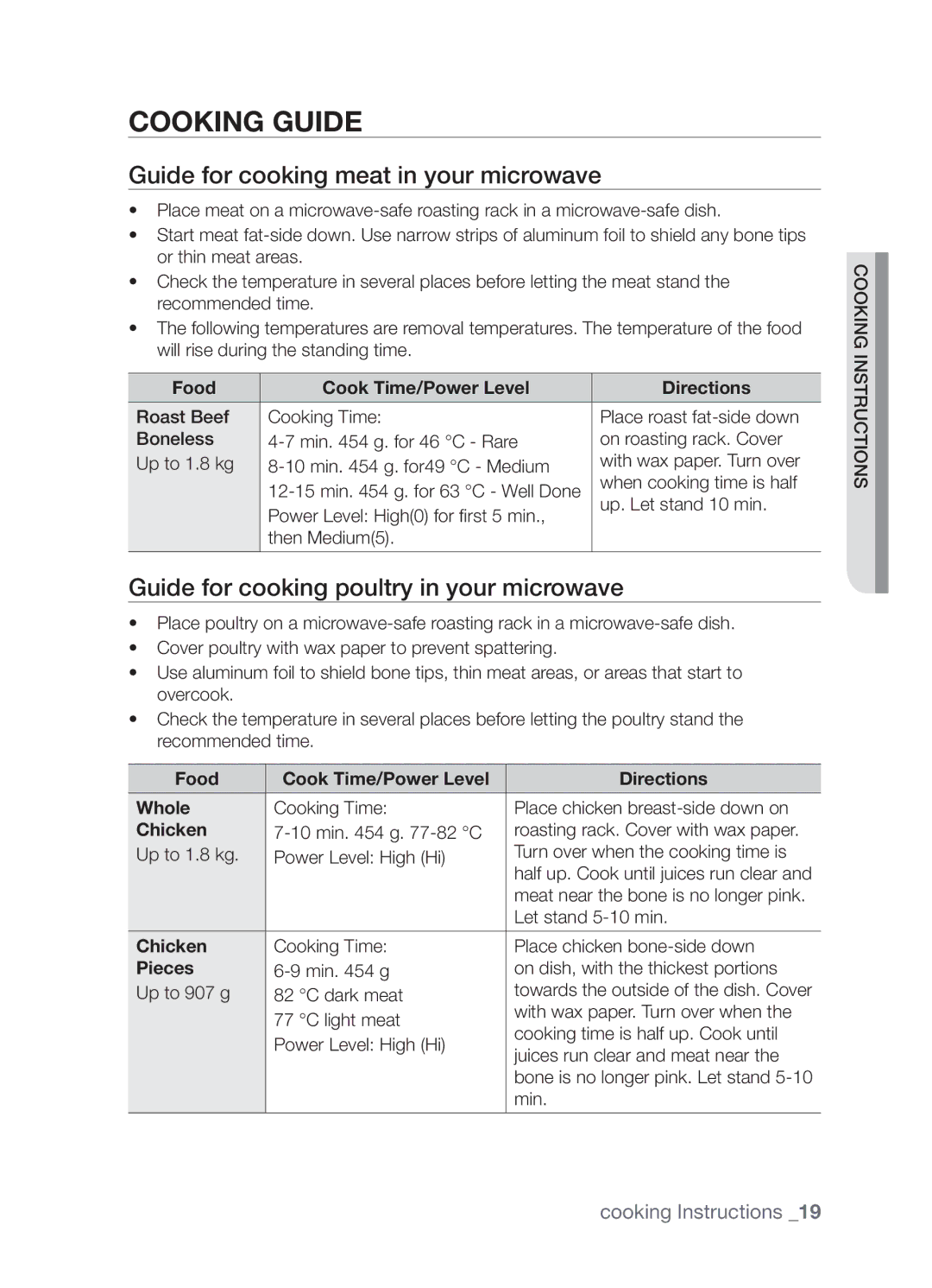 Samsung MW73B/ZAM Cooking guide, Guide for cooking meat in your microwave, Guide for cooking poultry in your microwave 