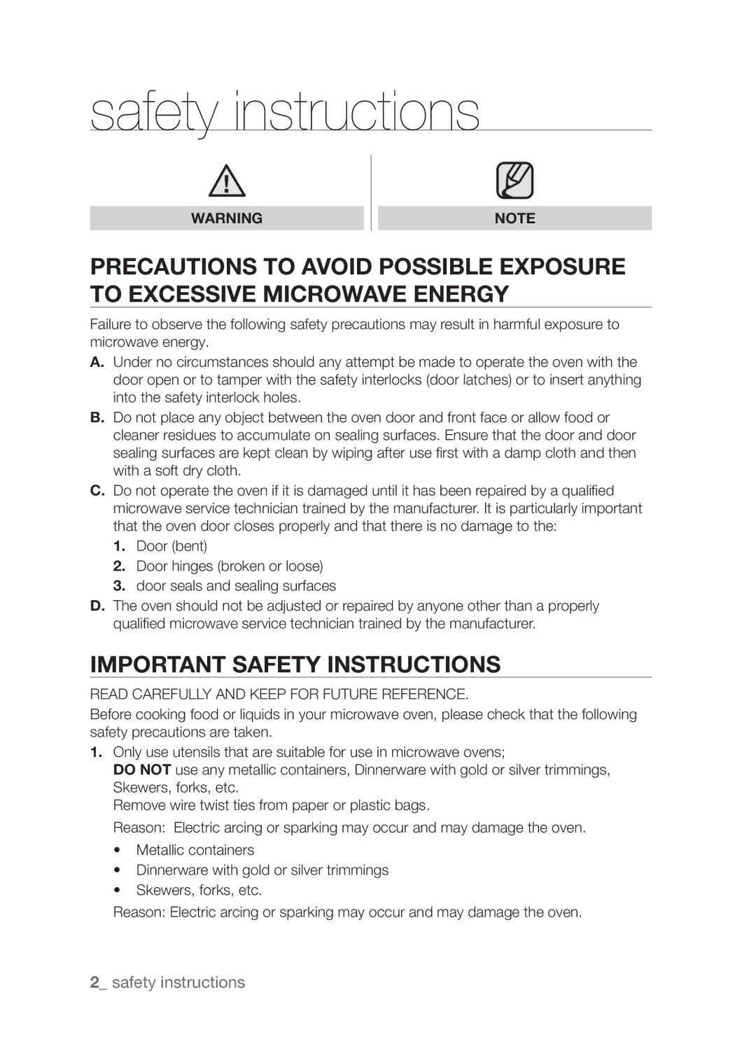 Samsung MW73B/ZAM manual Safety instructions, Important safety instructions 