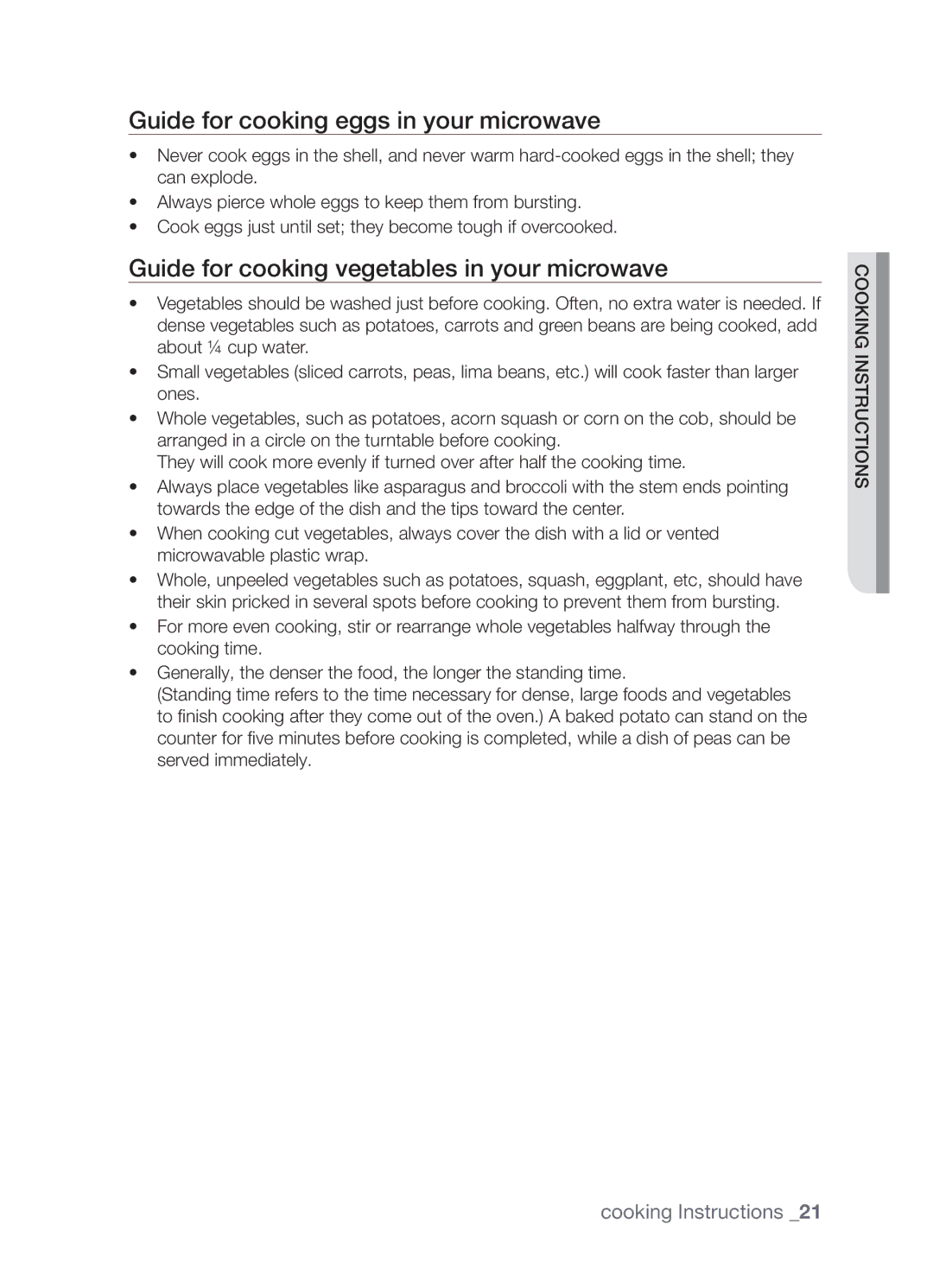 Samsung MW73B/ZAM manual Guide for cooking eggs in your microwave, Guide for cooking vegetables in your microwave 