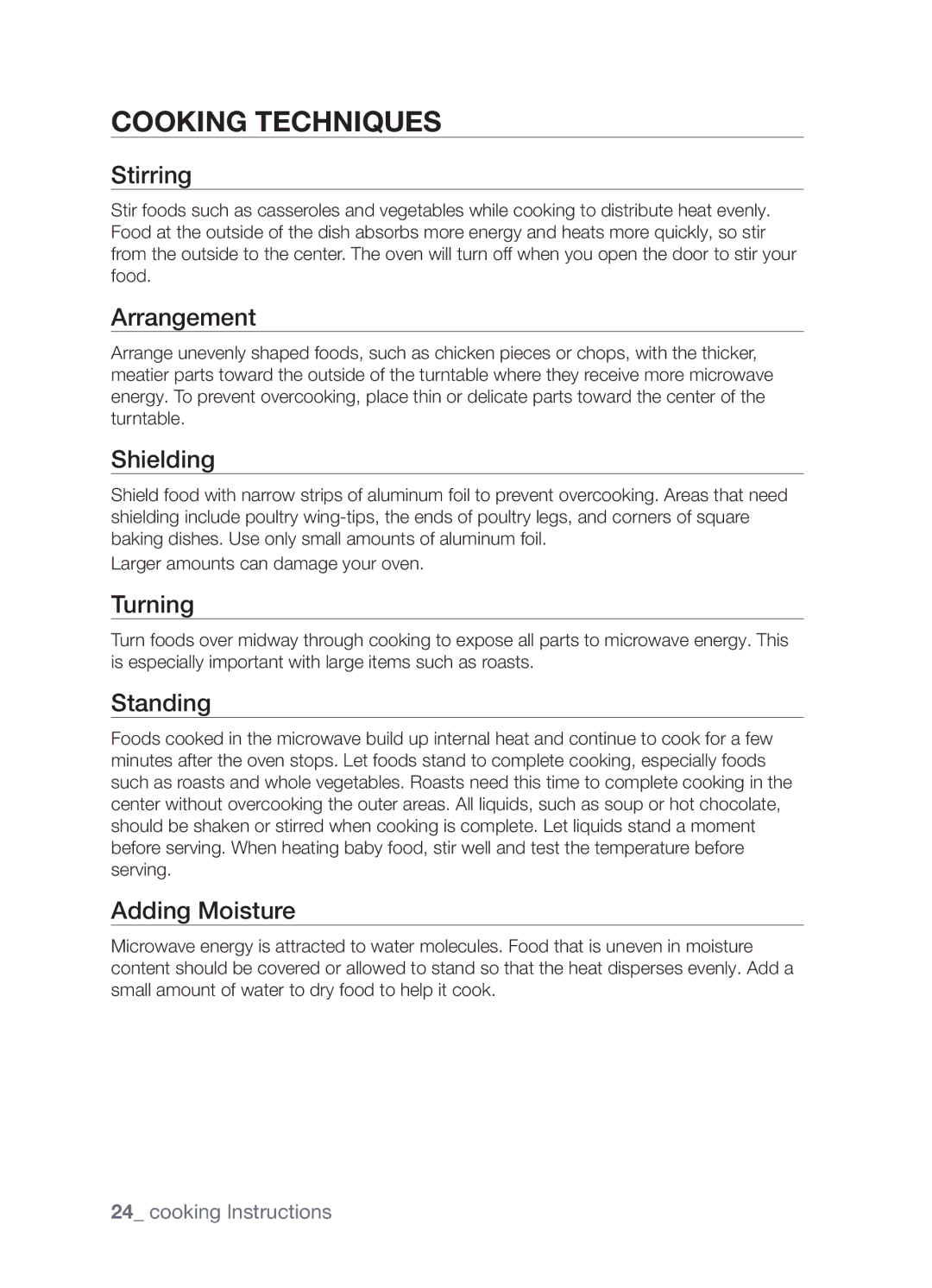 Samsung MW73B/ZAM manual Cooking techniques 