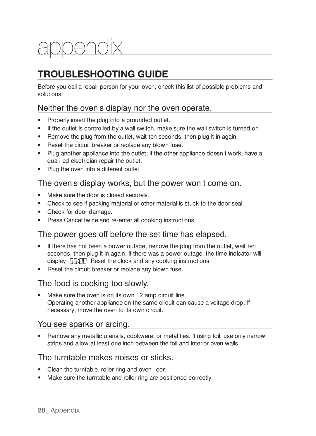 Samsung MW73B/ZAM manual Appendix, Troubleshooting guide 