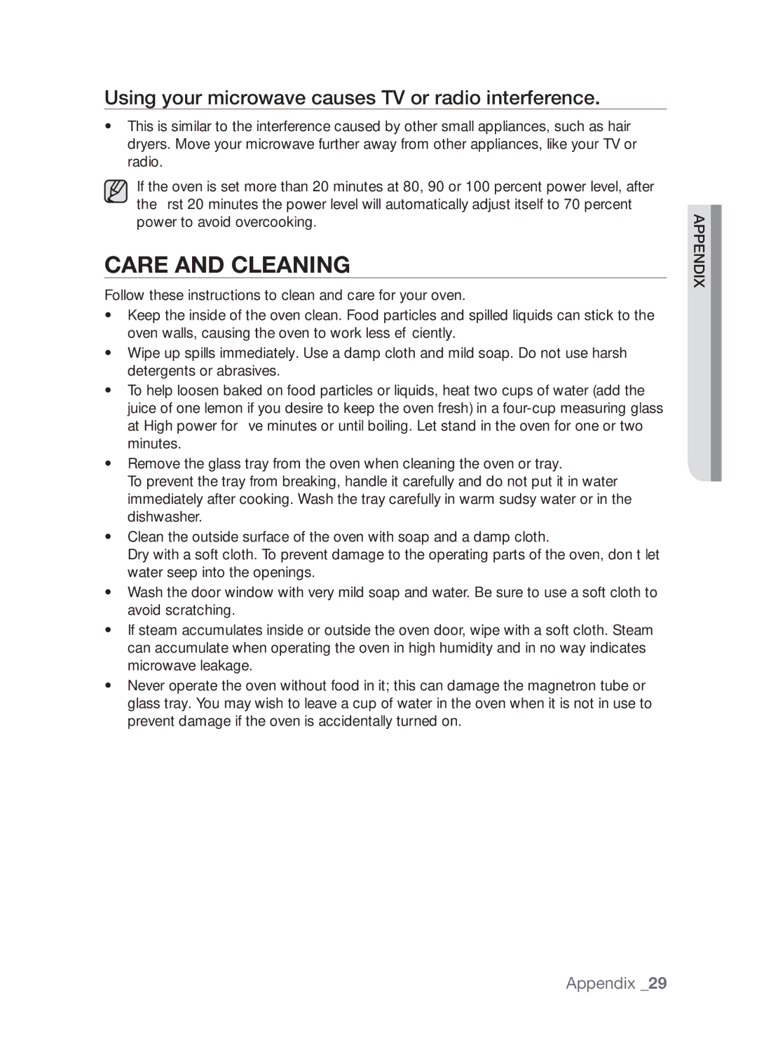 Samsung MW73B/ZAM manual Care and cleaning, Using your microwave causes TV or radio interference 