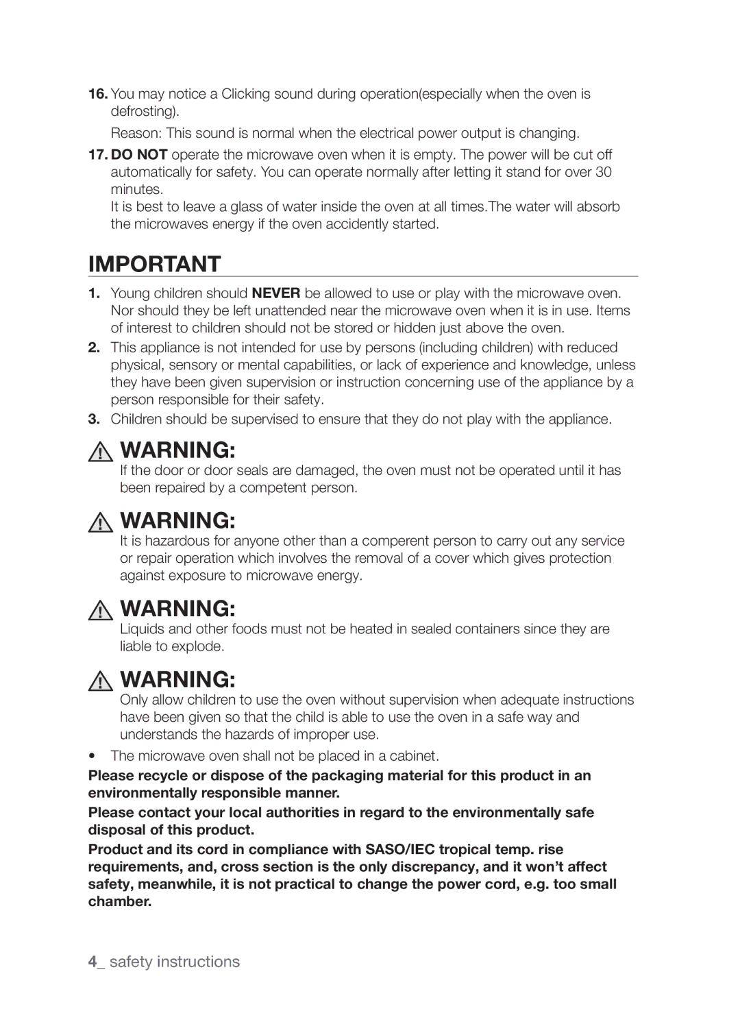 Samsung MW73B/ZAM manual Safety instructions 